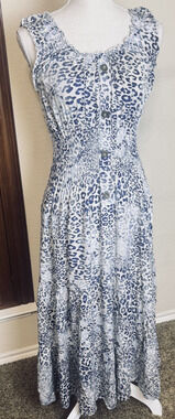 Cirana Maxi Dress milkmaid romantic Size M beachy smocked waist blue leopard